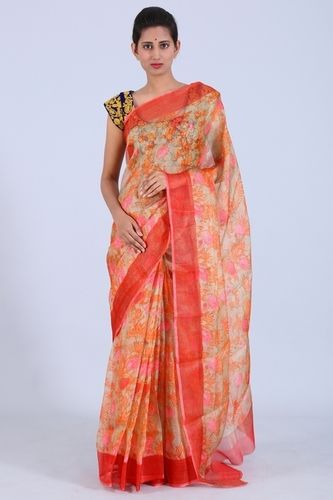 Light Peach Silk Kota Printed Saree With Red Net Border