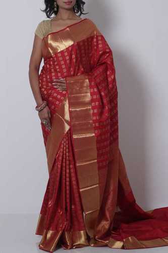 Red Maroon Silk Kanchi Pattu Saree With Gold Zari Border