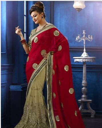 Forever Beige And Red Parties Georgette Designer Saree