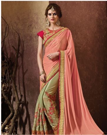 Kasab Work Peach And Pista Green Banglori Silk Saree