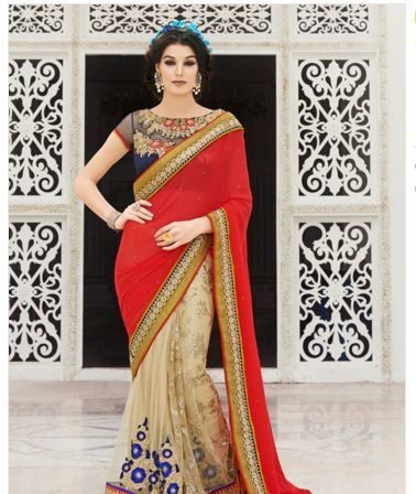 Lovable Cream And Red Net Designer Saree