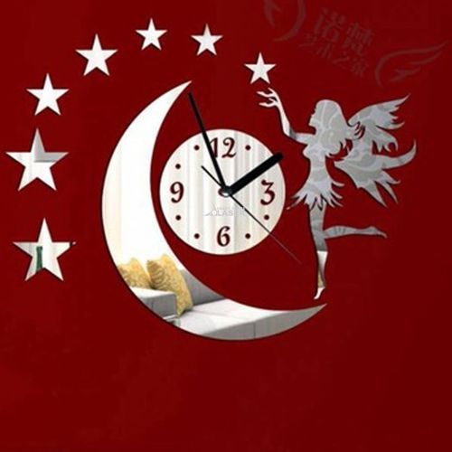 Angel Beauty Stars And Moon Wall Clock With Removable DIY Acrylic 3D Mirror Wall Sticker