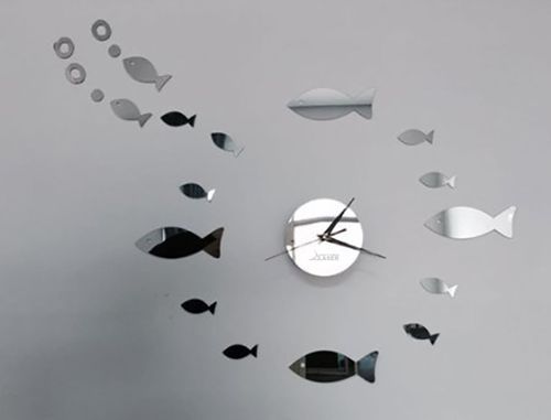 DIY Silver Fish Wall Clock Hanging Home Decor Mirror Face Wall Sticker