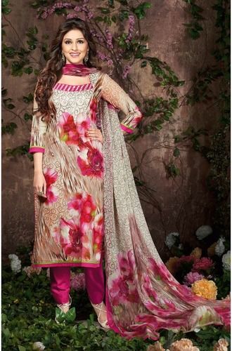 Beige And Pink Un Stitched Glaze Cotton Printed Salwar Kameez