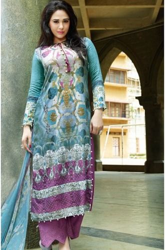 Blue & Purple Un stitched Exclusive Printed Cotton Satin Salwar Suit