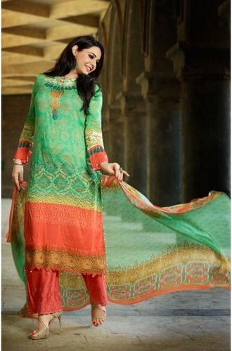 Green And Orange Un Stitched Exclusive Printed Cotton Satin Salwar Suit