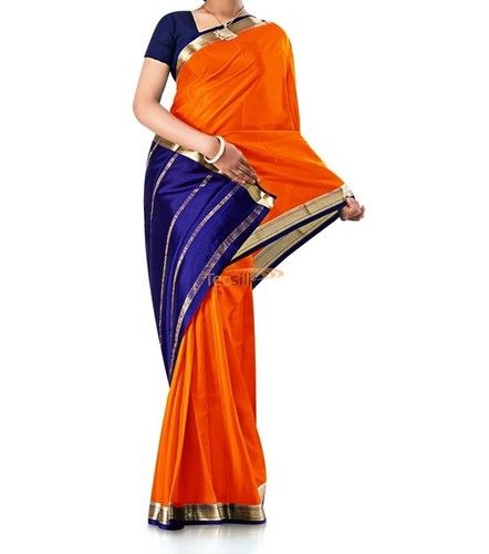 Pure Crepe Silk Saree Contrast Bright Orange