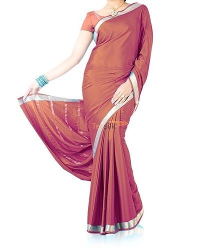 Pure Crepe Silk Saree Piping Border Copper Red