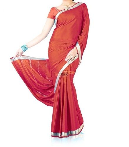 Pure Crepe Silk Saree Piping Border Tomato Red