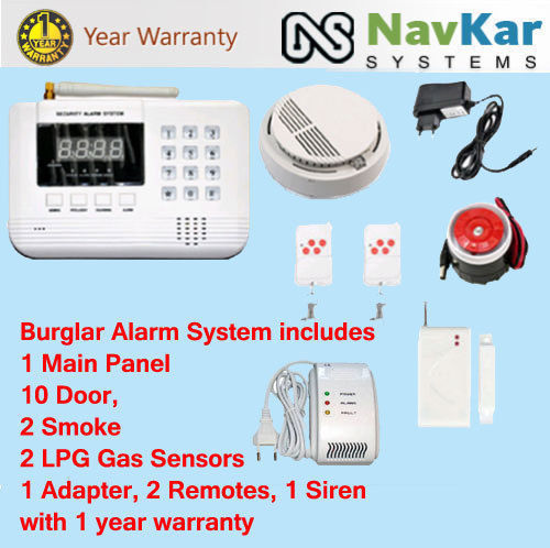 Autodial GSM Burglar Alarm System with 10 Door + 2 LPG + 2 Smoke Sensor