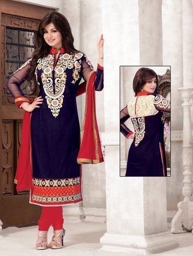 Designer Blue And Red Color With Heavy Embroidery Straight Cut Salvar Suit