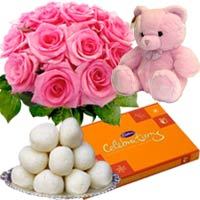 One Teddy With Chocolates 12 Pink Roses Bouquet And Rasgullas