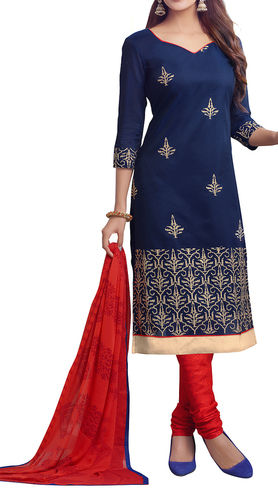 Party Wear Straight Cut Salwar Kameez (Navy Blue /Red)