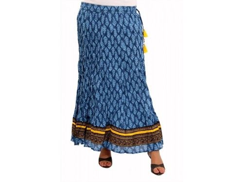 Printed Indigo Broomstick Long Skirt