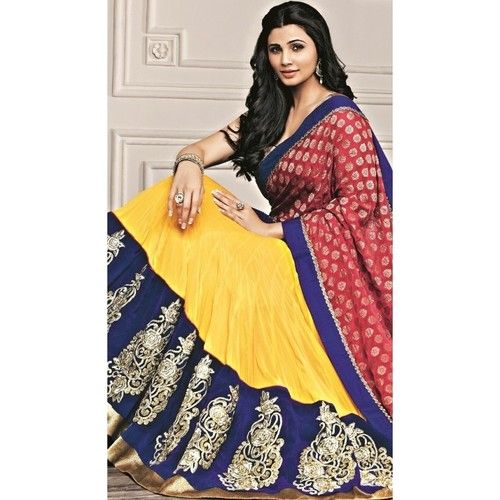 Yellow Blue Poly Georgette Velvet Resham Embroidered Lehenga