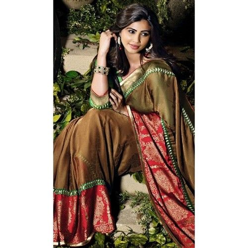 Green Chiffon Satine Golden Printed Saree With Unstitch Blouse