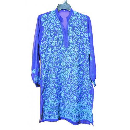 Blue Chikan Kurti With Matching Stole