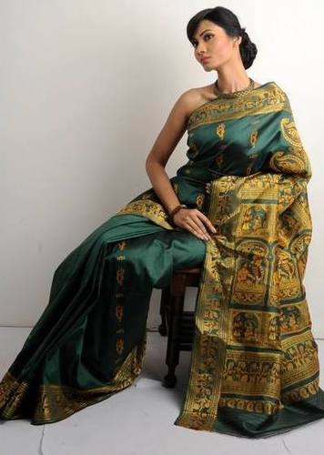 Bottle Green And Yellow Silk Baluchari Saree