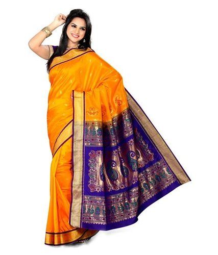 Bright Yellow Paithani Silk Saree With Purple Border