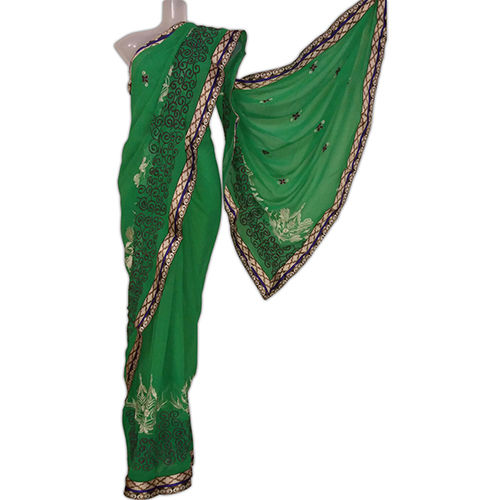 Green Designer Embroidered Saree With Golden Border