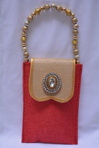 Red And Gold Jute Handbag With Multi Use