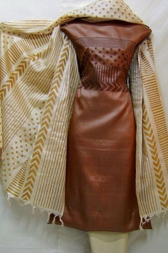 Brown and Beige Tussar Silk Block Printed Salwar Kameez Dress Fabric