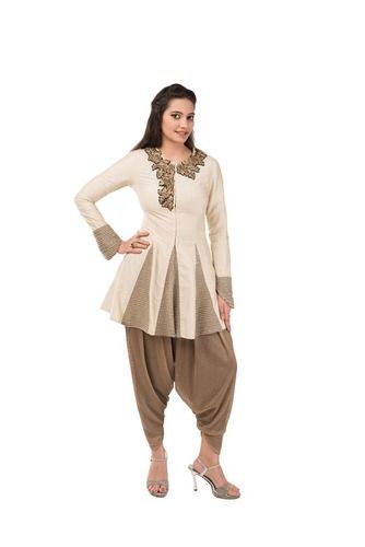 Off White Cotton Silk Kurta Golden Dhoti With Hand Work