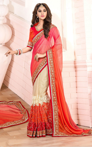आकर्षक नारंगी रंग का केशनल सिल्क और नेट साड़ी