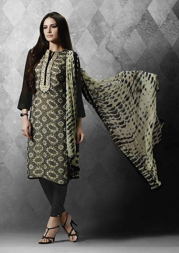 Black and Beige Georgette Printed Unstitched Suits