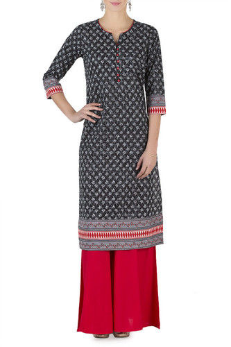 Charcol Grey Lotus Print Basic Kurta