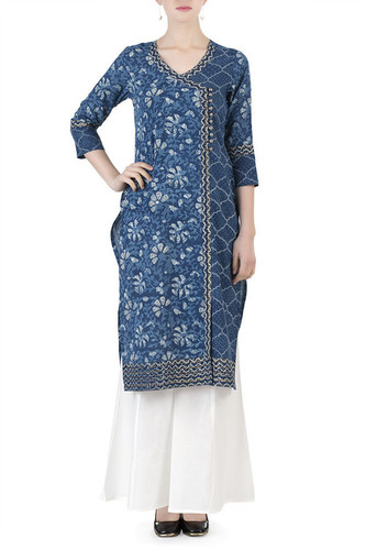 Indigo Floral Contrast Detail Angrakha Kurta