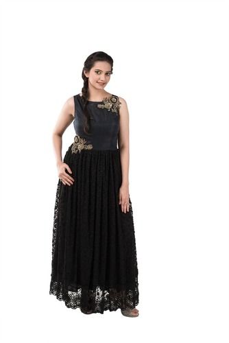 Black Row Silk Lace Fabric Dress With Hand Work Embroidery Detalining