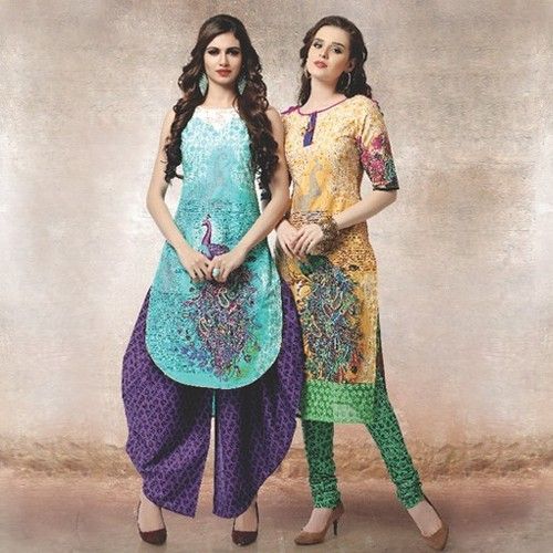 Printed Cotton Dress Material - Cotton Top 2.25 MTRS, Cotton Bottom 3.00 MTRS, Schiffon Dupatta 2.25 MTRS, Light Blue with Multi-Color Prints, First Wash Dry Clean Only