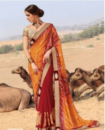 Orange And Red Georgette Chunri Printed Saree