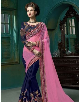 Pink And Blue Net Chinon- Chiffon Saree