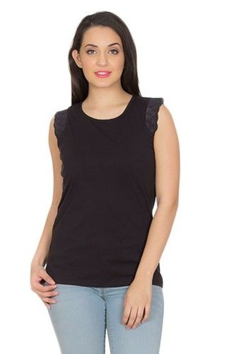 Black Lace Front Sleeveless T-Shirt