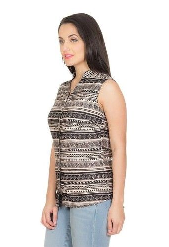 Brown and Black Tribal Print Sleeveless Shirt