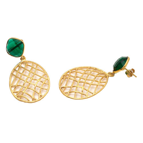 925 Sterling Silver Green Onyx Gemstone Earring With Gold Plated