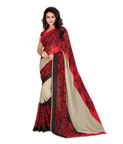 Red Marble Chiffon Floral Print Sarees