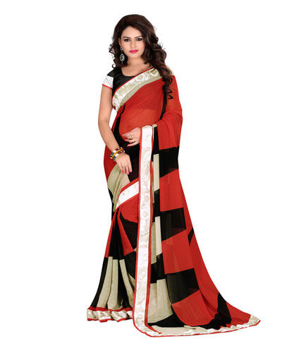 Red Striped Marble Chiffon Saree