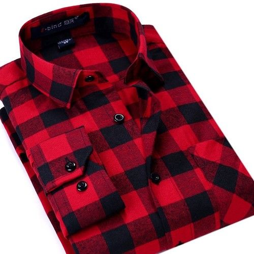 Mens Plaid Long-Sleeved Slim Fit Casual Shirt