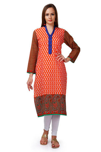 Panel Print Kurta W/Blue Collar