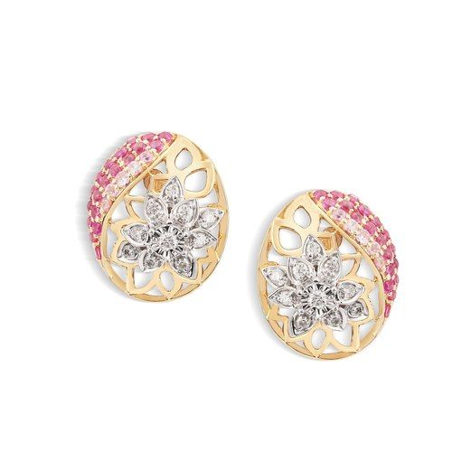 Yellow Gold Diamond Ruby And Sapphire Stud Earrings