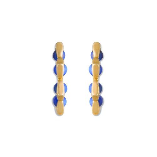 Yellow Gold Hoop Earrings - 14KT Gold, Eight Lapis Lazuli Accents | Friction Posts with Silicon Push Nuts for Comfort and Safety