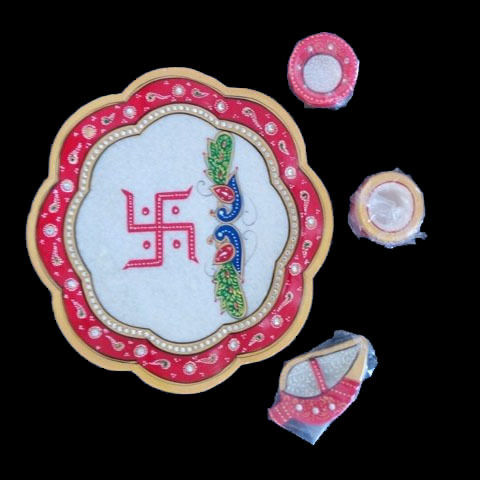 White Marble Designer Hindu Worship Plate