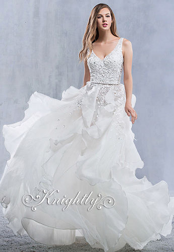 K55057-0Z Sleeveless V-Neckline Beaded Lace Applique Ruffles Ball Gown