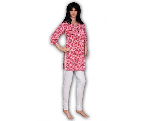 White And Pink Printed Cotton Kurta