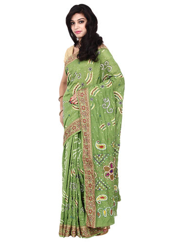 gadhwal silk green bandhani saree in mirror work 418