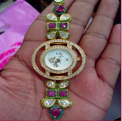 Red Green Golden Ruby Emerald Diamond Watch - RICH LOOK - 645197