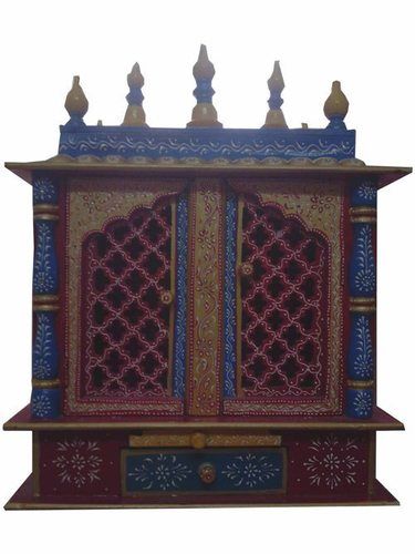 Hand-Painted Wooden Home Temple - Unique Red-Blue Emboss Painting, Includes Drawer and Tray for Pooja Accessories